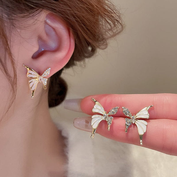 Luxury Niche Elegant Dual Tone Zircon Butterfly Stud Earrings for Women Fashion | Luxury Look Artificial Earrings | Women Earrings (Silver & Golden)