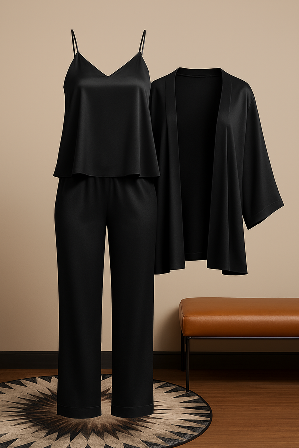 3-Piece Premium Satin Sleepwear Set for Women – Camisole, Pants & Robe | Nightwear & Loungewear | Free Size (DC-3002) - Black