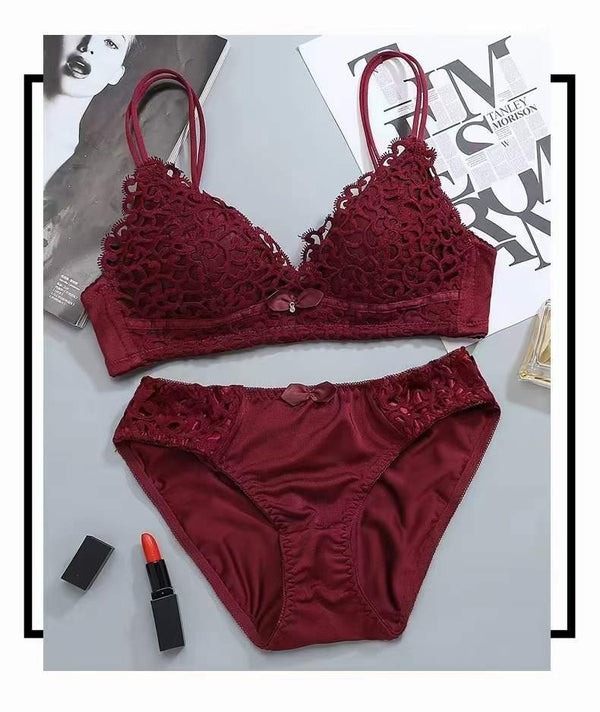 Women’s Lace Push-Up Bra Set Sexy Wireless Jacquard Bra with Bow Panties