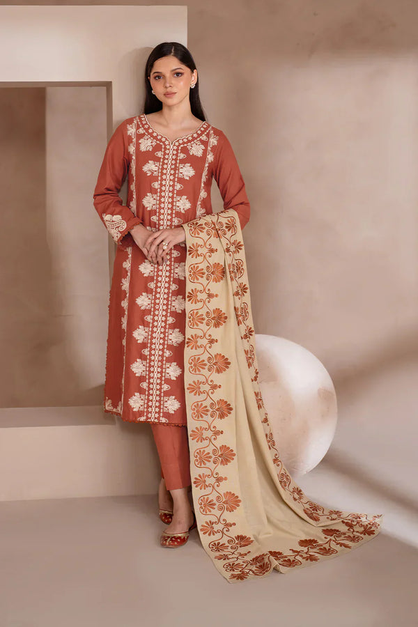 IZNIK-3PC DHANAK EMBROIDERED SHIRT WITH DHANAK EMBROIDERED SHAWL